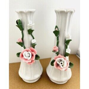 2pc Vtg Ceramic Bud Vases Raised 3D Pink Roses Flowers Granny Cottagecore Mother